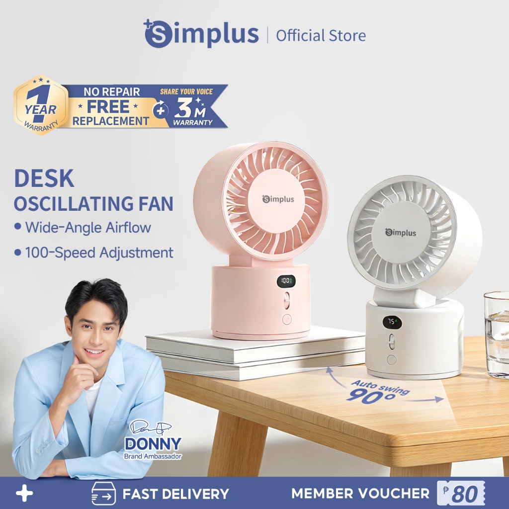 Simplus Desk Fan Auto Swing Wide-Angle Airflow Dual Power Mode 100 ...