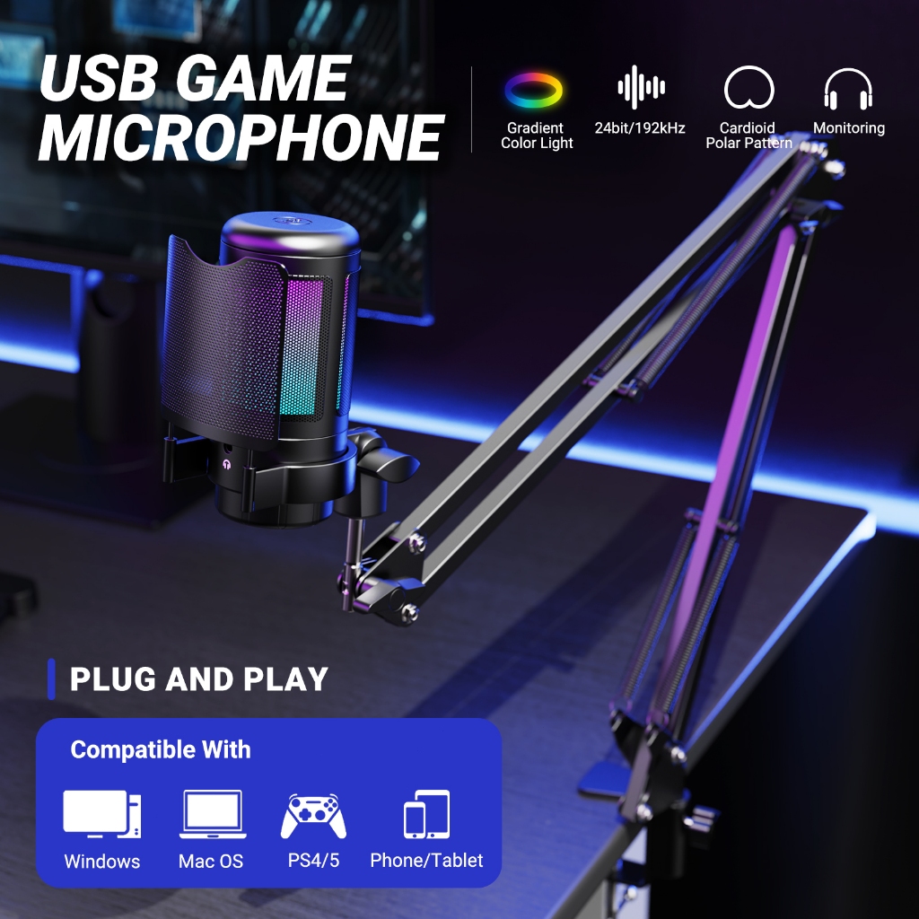 USB Mic Set 24bit/192khz Gain Condenser Mic With Boom Arm & Desk Stand ...