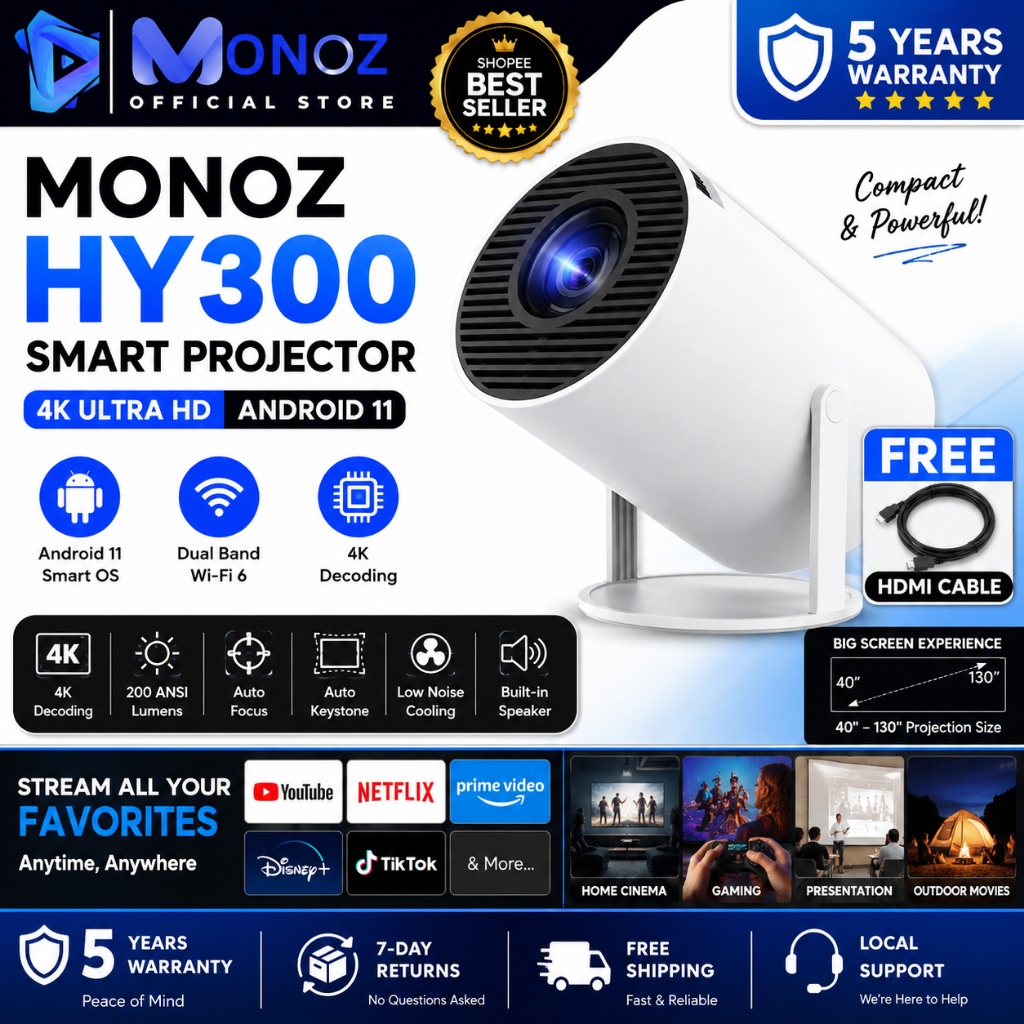 Monoz HY300 Aura Vision Smart Projector 4K | Android 11 | WiFi ...