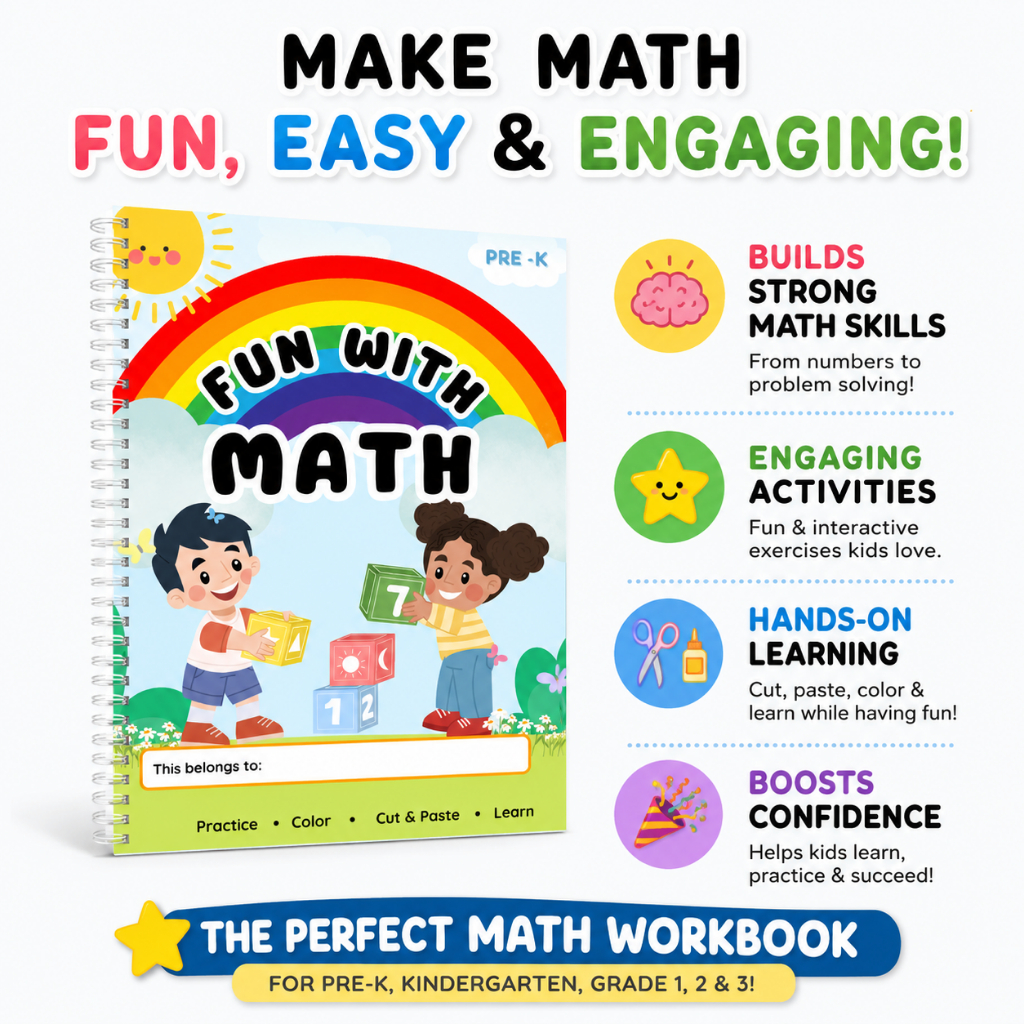 Math Workbook Pre-K, Kinder, Grade 1, Grade 2, and Grade 3 Fun with ...