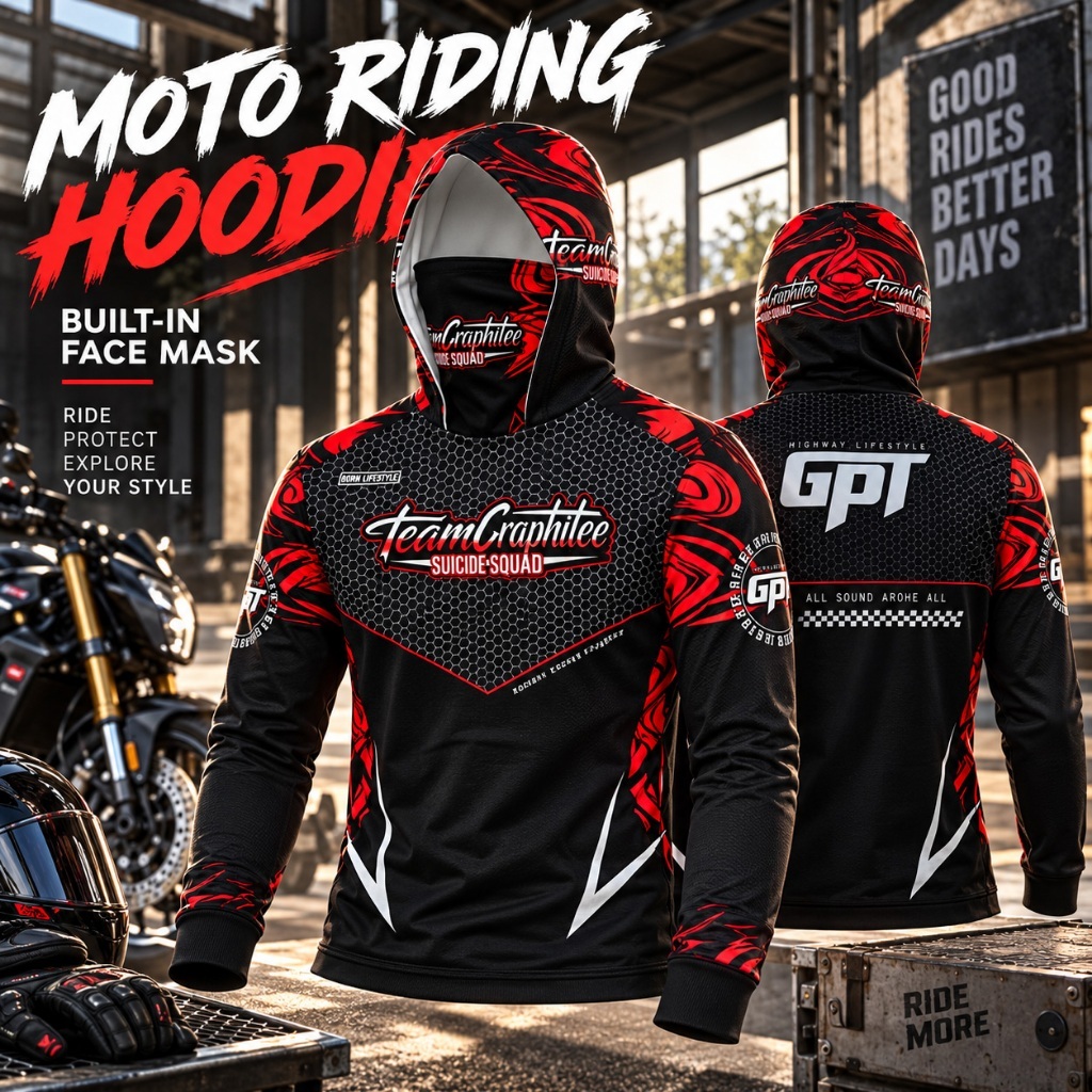 Men Motorcycle Jersey Hoodie Long Sleeve Graphic Riding Top with Face ...