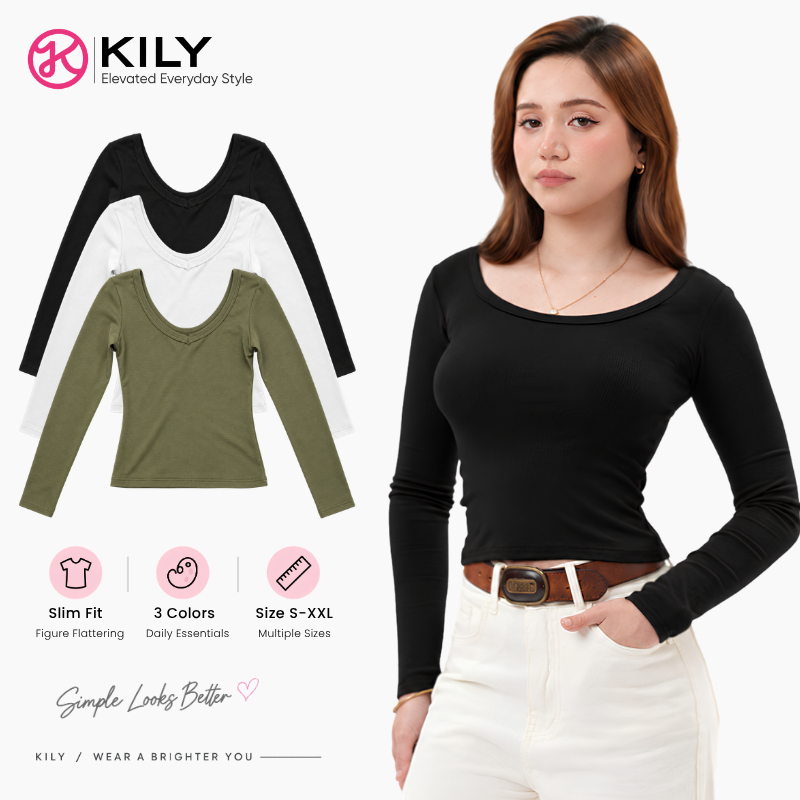 Kily Eleve Slim Fit V Neck Long Sleeve Plain Basic Fitted T-Shirt ...