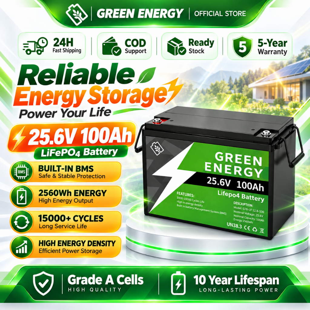 【Upgraded】GREEN ENERGY 24V 100Ah LiFePO4 Battery 2560WH Lithium Solar ...