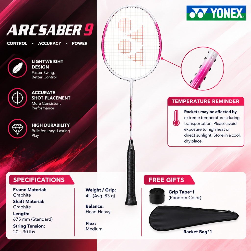 YONEX ARCSABER 9 Badminton Racket Lightweight Control Accurate Shots ...