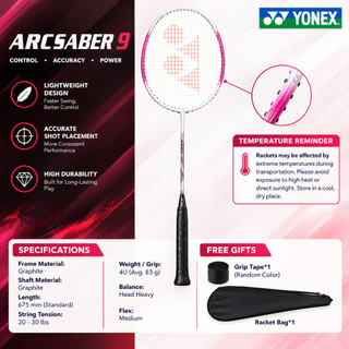 YONEX ARCSABER 9 Badminton Racket Lightweight Control Accurate Shots ...