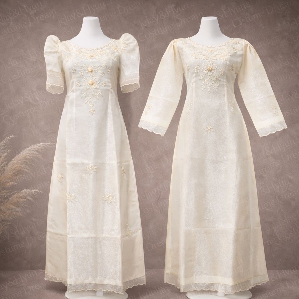 Long Filipiniana Dress Beige | Double Lining Pia Organza | Embroidered |  Imelda Style & Long Sleeve | Shopee Philippines