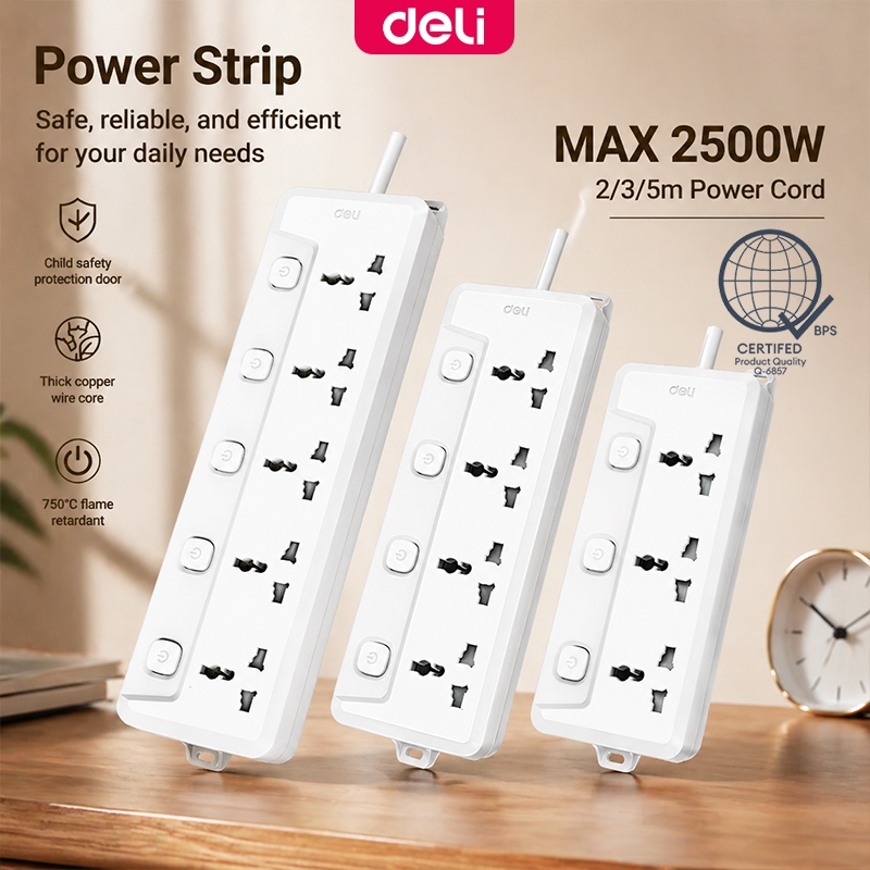 Deli Multi-Function Extension Socket 2/3/5m Sockets With Independent ...