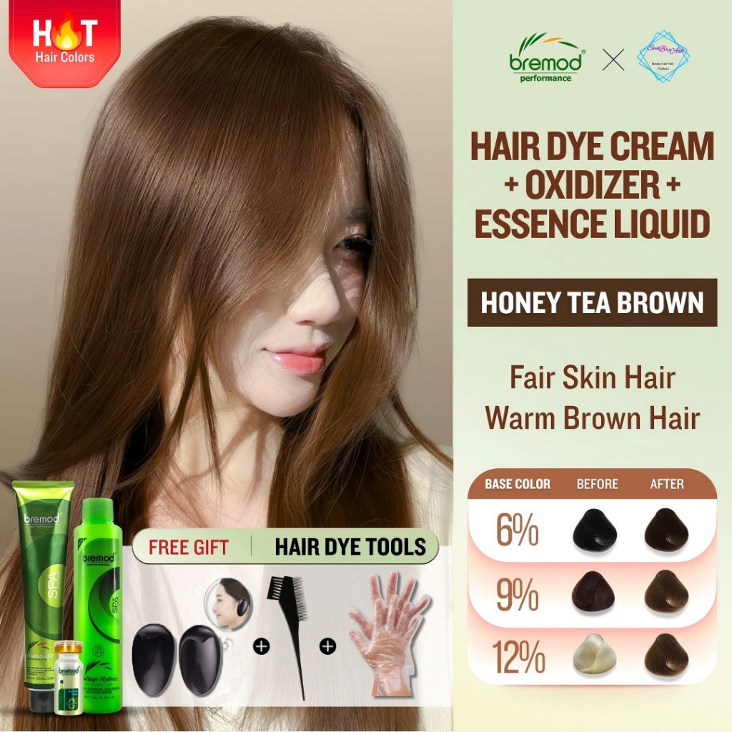 Bremod Permanent Honey Tea Brown Hair Color(100ml Hair Dye+100ml ...
