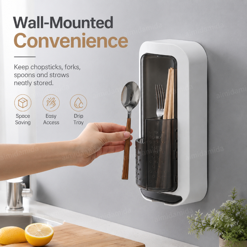 Wall Mounted Chopstick Utensil Fork Spoon Holder Storage Box Chopstick ...