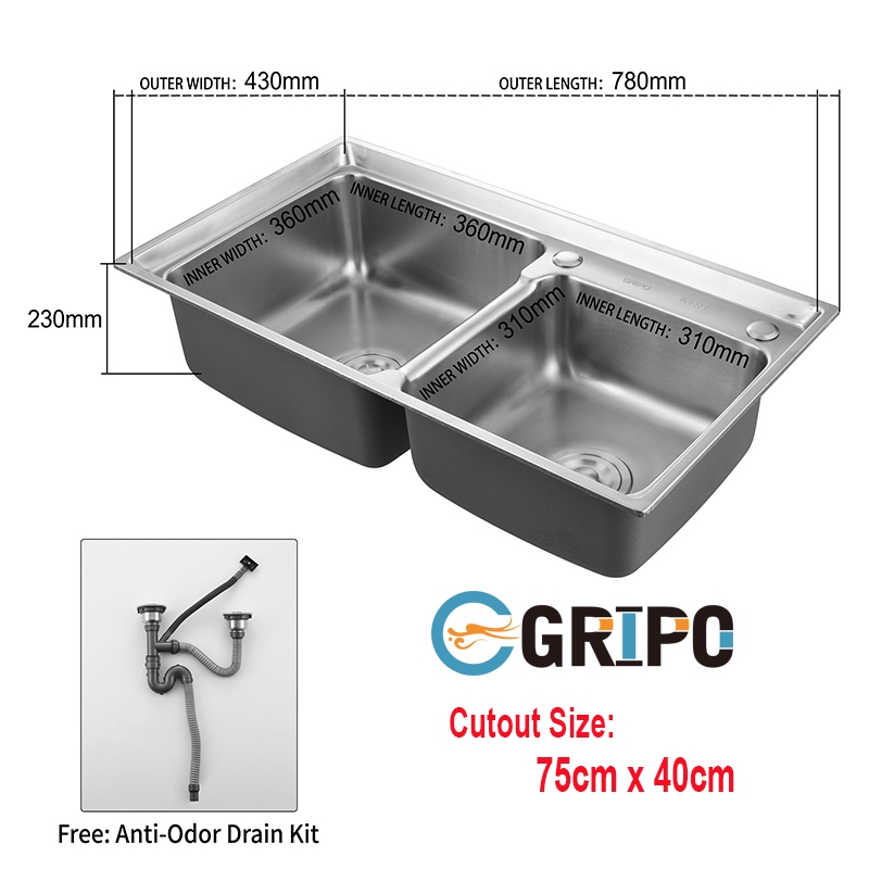 GRIPO 304 Stainless Thick Type Kitchen Sink 2 Bowls GP7843SS | Shopee ...