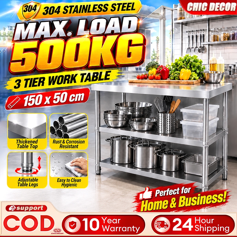 304 Stainless Steel Work Table 3 Layer Heavy Duty Kitchen Prep Storage ...