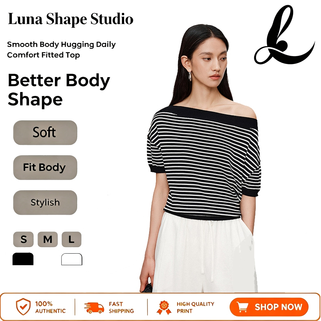 Luna Shape~ Off Shoulder Boat Neck Black White Stripes Slim Fit Knit ...