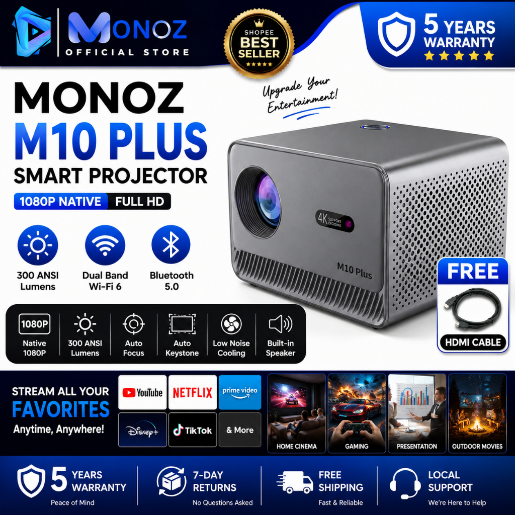 Monoz M10 Plus 1080P Smart Projector | WiFi Bluetooth | Portable ...