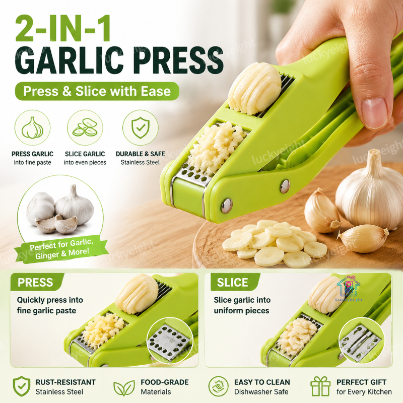 2in1 Multifunctional Kitchen Garlic Press Slice Masher Stainless Steel ...