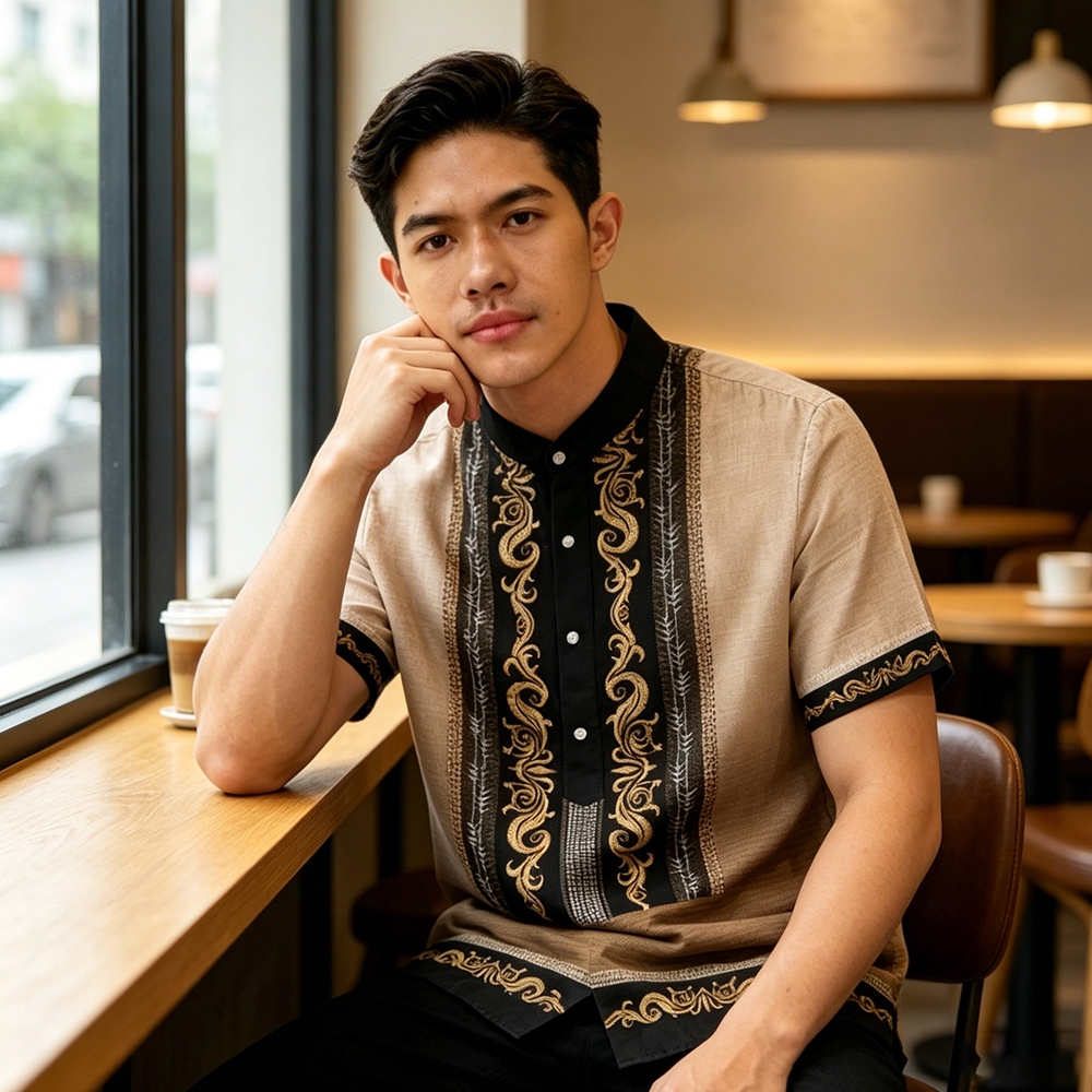 Barong Tagalog Men's Short Sleeve Henley Shirts Traditional Filipino ...