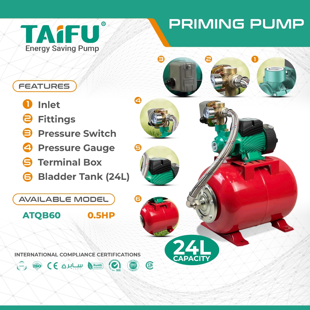 TAIFU ATQB60 Self Priming JET Pump with 24L Bladder Tank (370Watts/0 ...