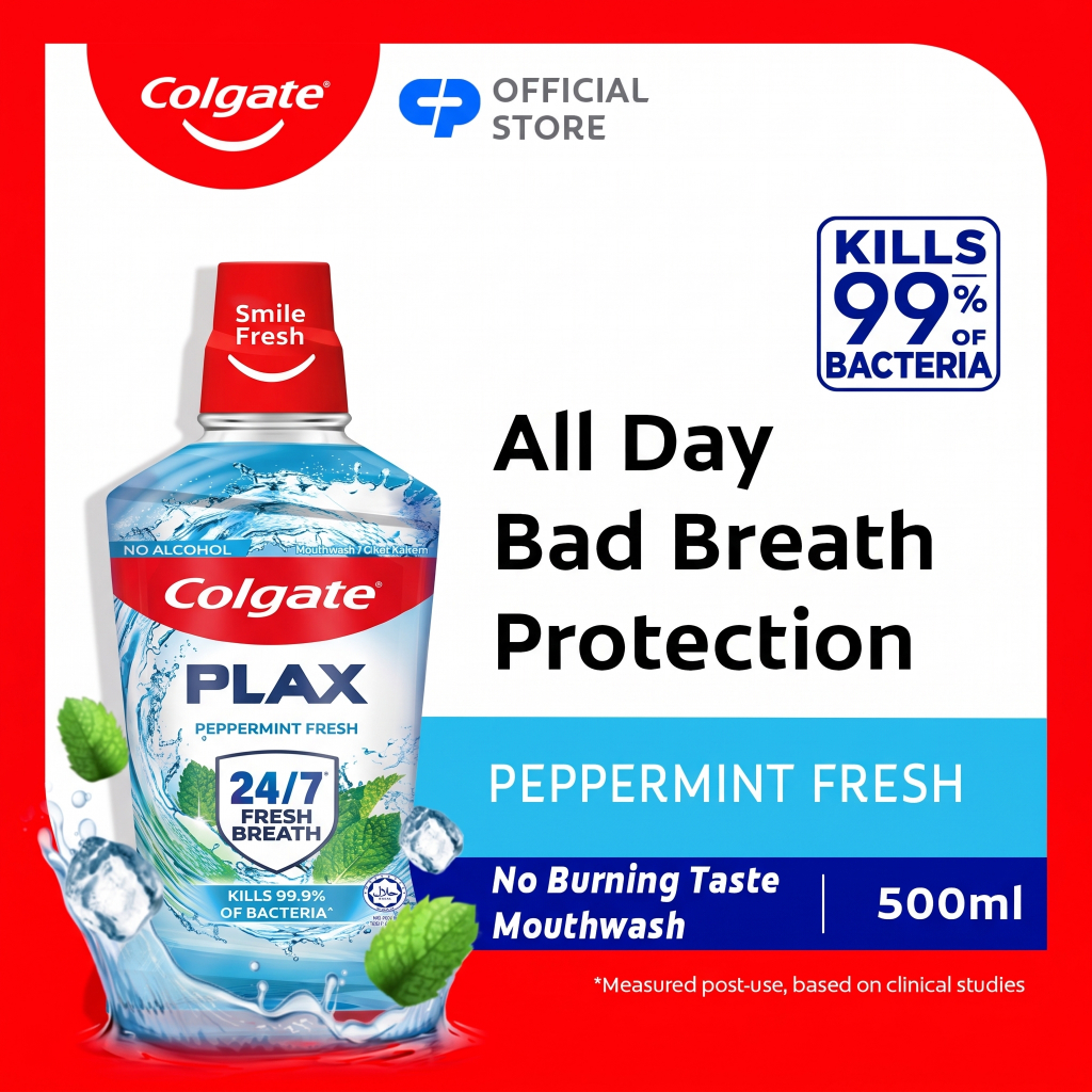 Colgate Plax Antibacterial Mouthwash Peppermint, No-Alcohol, Long ...