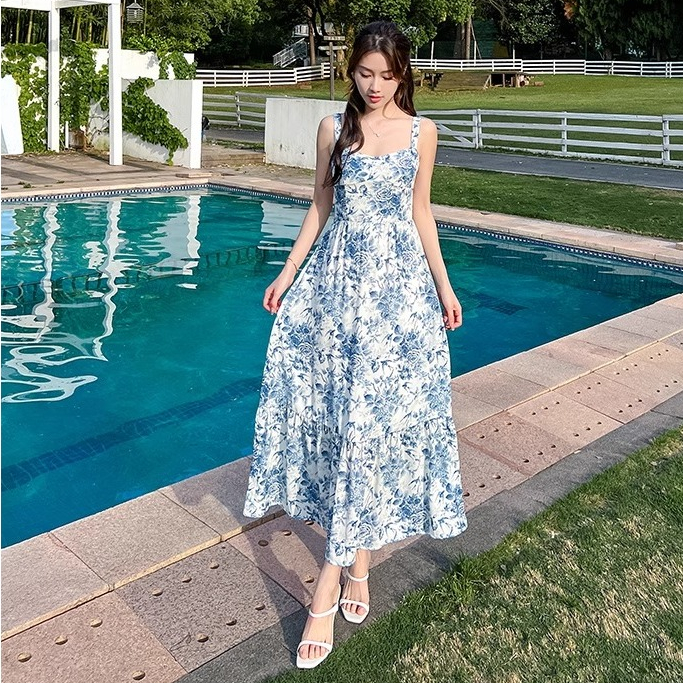 Summer dusty blue dress for women wedding korean beach dress floral fitted dress puff sleeve dress