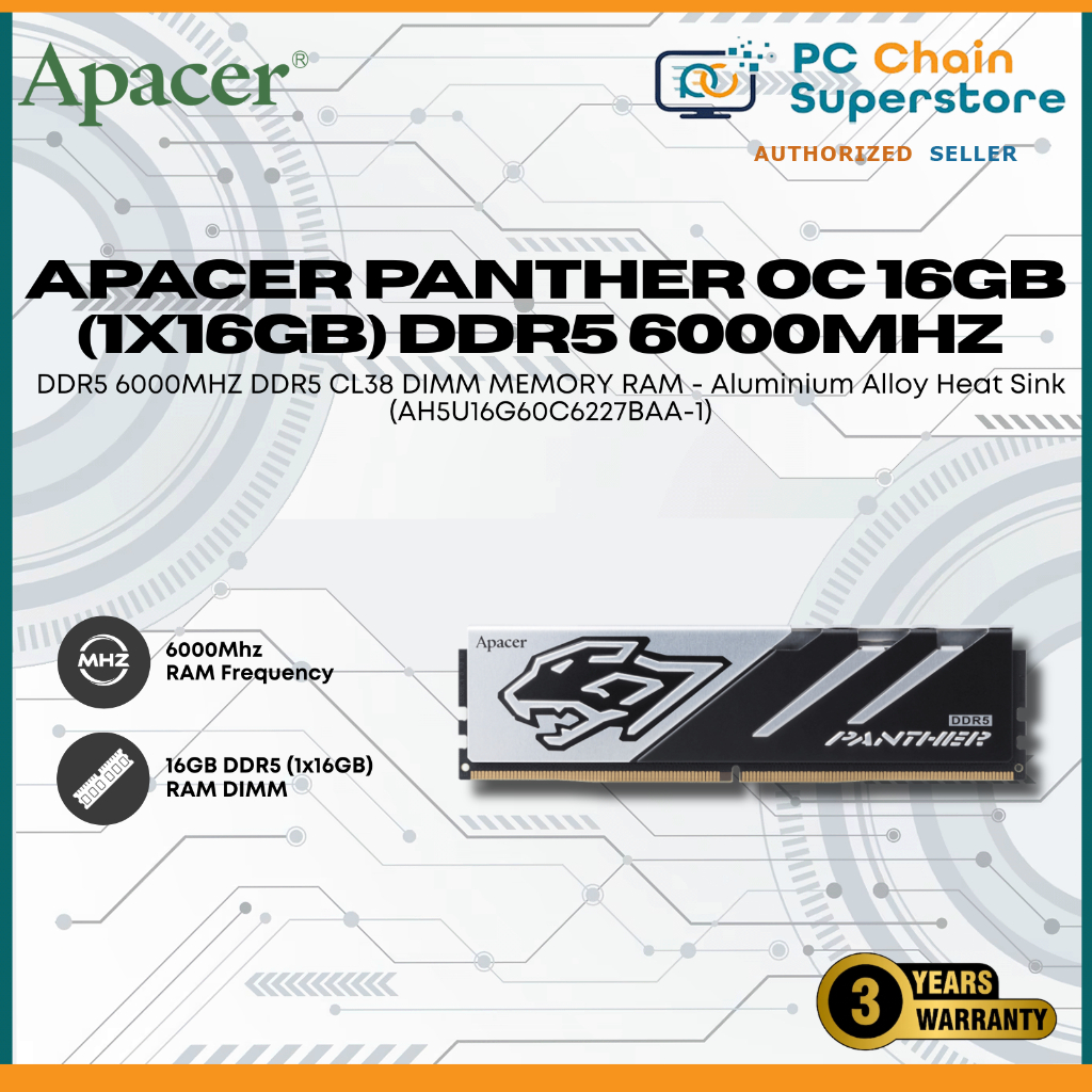 APACER PANTHER OC 16GB (1X16GB) DDR5 6000MHZ DDR5 CL38 DIMM MEMORY RAM ...