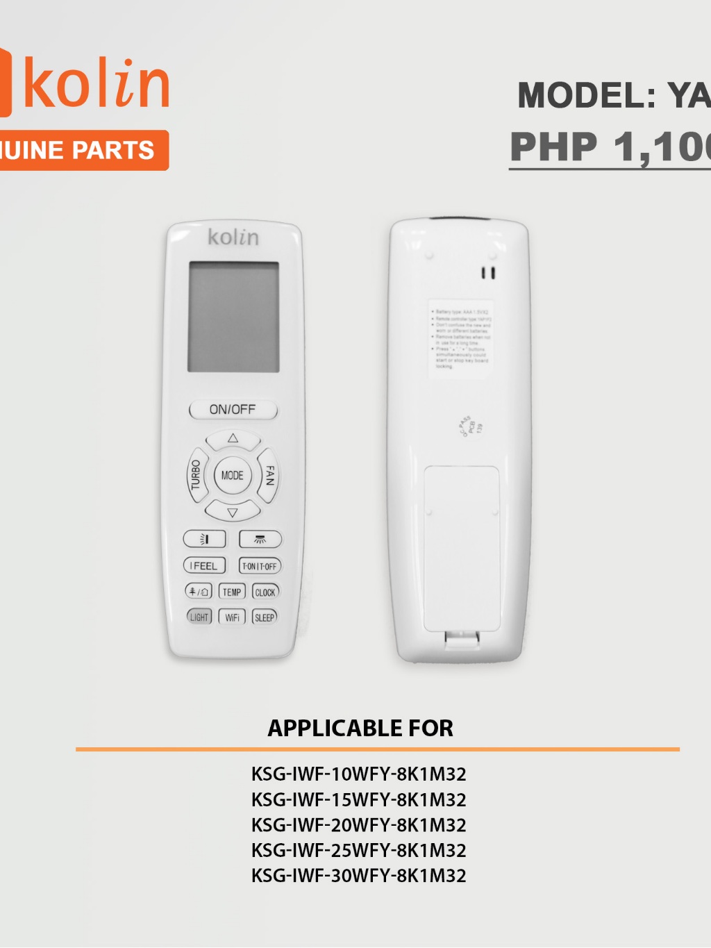 KOLIN AIRCON REMOTE CONTROL YAP1F2 | Shopee Philippines
