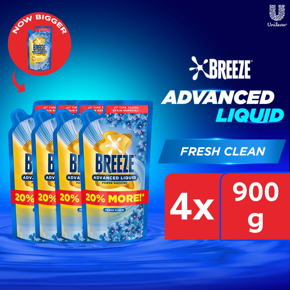 [BUNDLE OF 4] Breeze Laundry Liquid Detergent Fresh Clean 900g Pouch ...