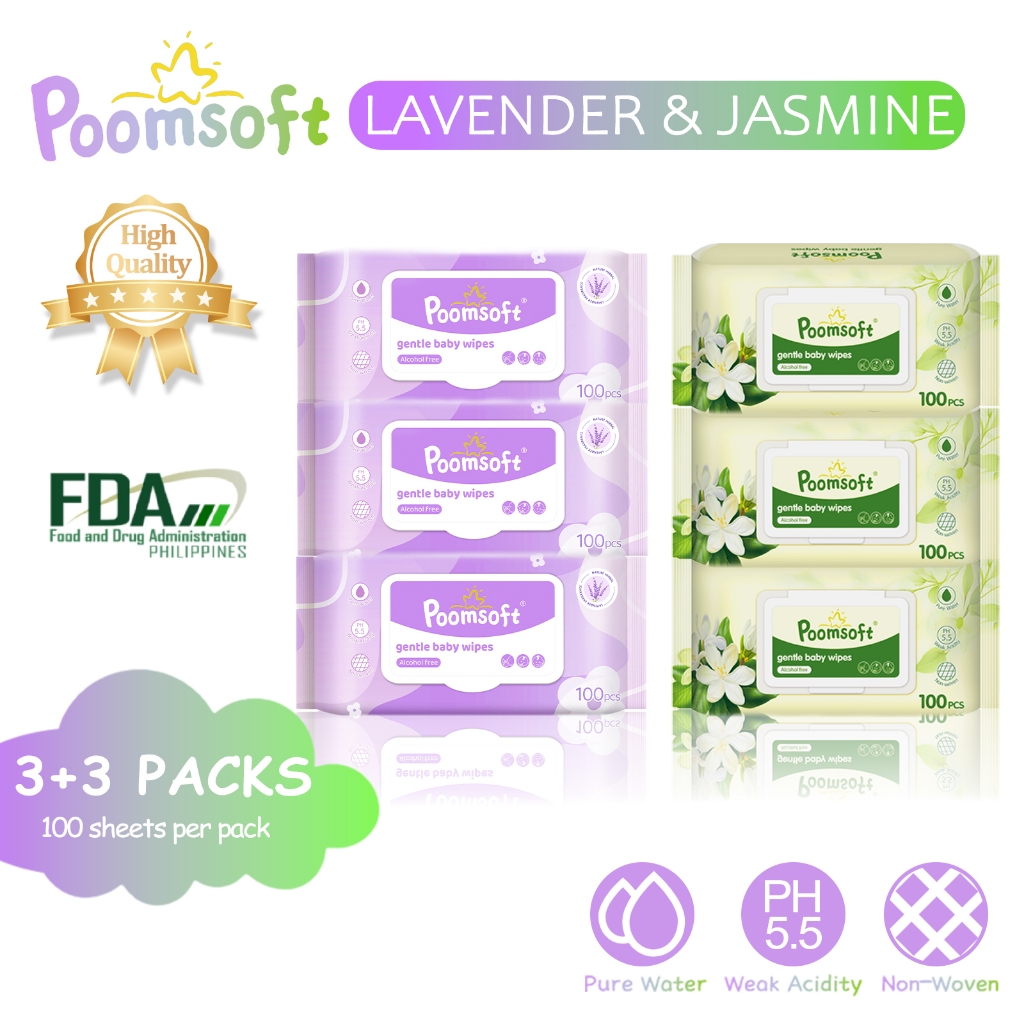 Poomsoft 3+3 Packs x 100 Sheet Lavender and Jasmine Mix Scented Alcohol ...