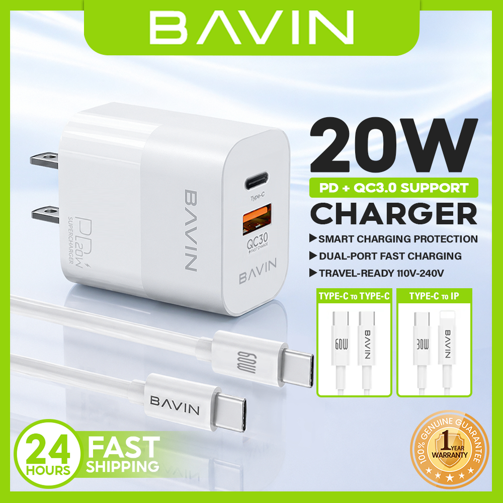 BAVIN PC963 20W PD Fast Charging AC Adapter w/ Dual Port Type-C & USB ...