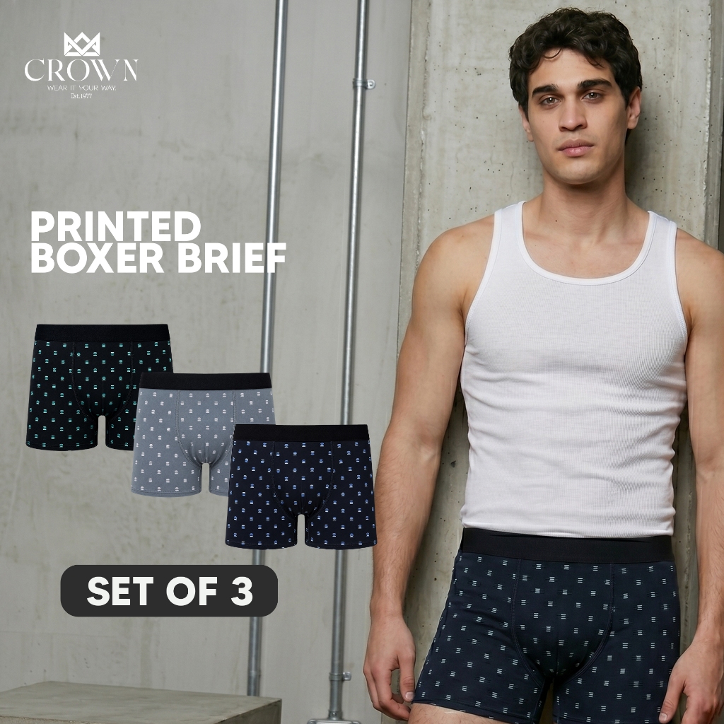 Crown Mens Printed Boxer Brief Set of 3 Random Colors Garterized Cotton ...