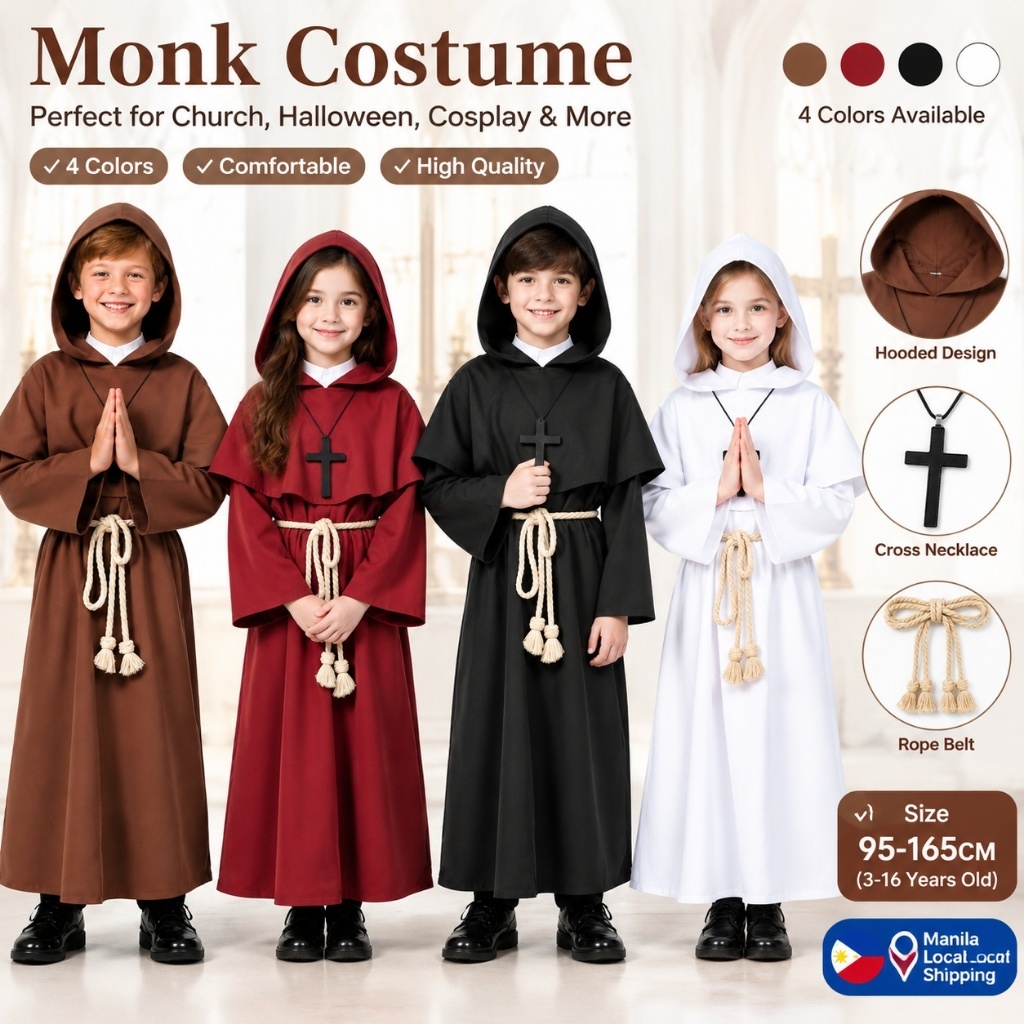 【Local】Kids Medieval Monks Hooded Halloween Cosplay Kids Priest Robe ...