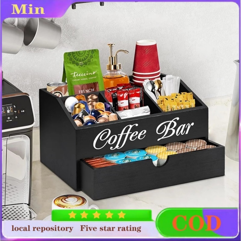 Double layer Coffee Bar Storage Rack Wooden Coffee Bar Organizer Wood ...