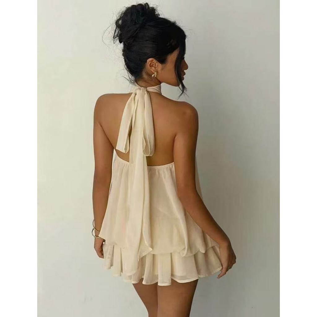 D#2605 Halter Mini Dress Women Backless Layered Korean Fashion Sexy Outfit