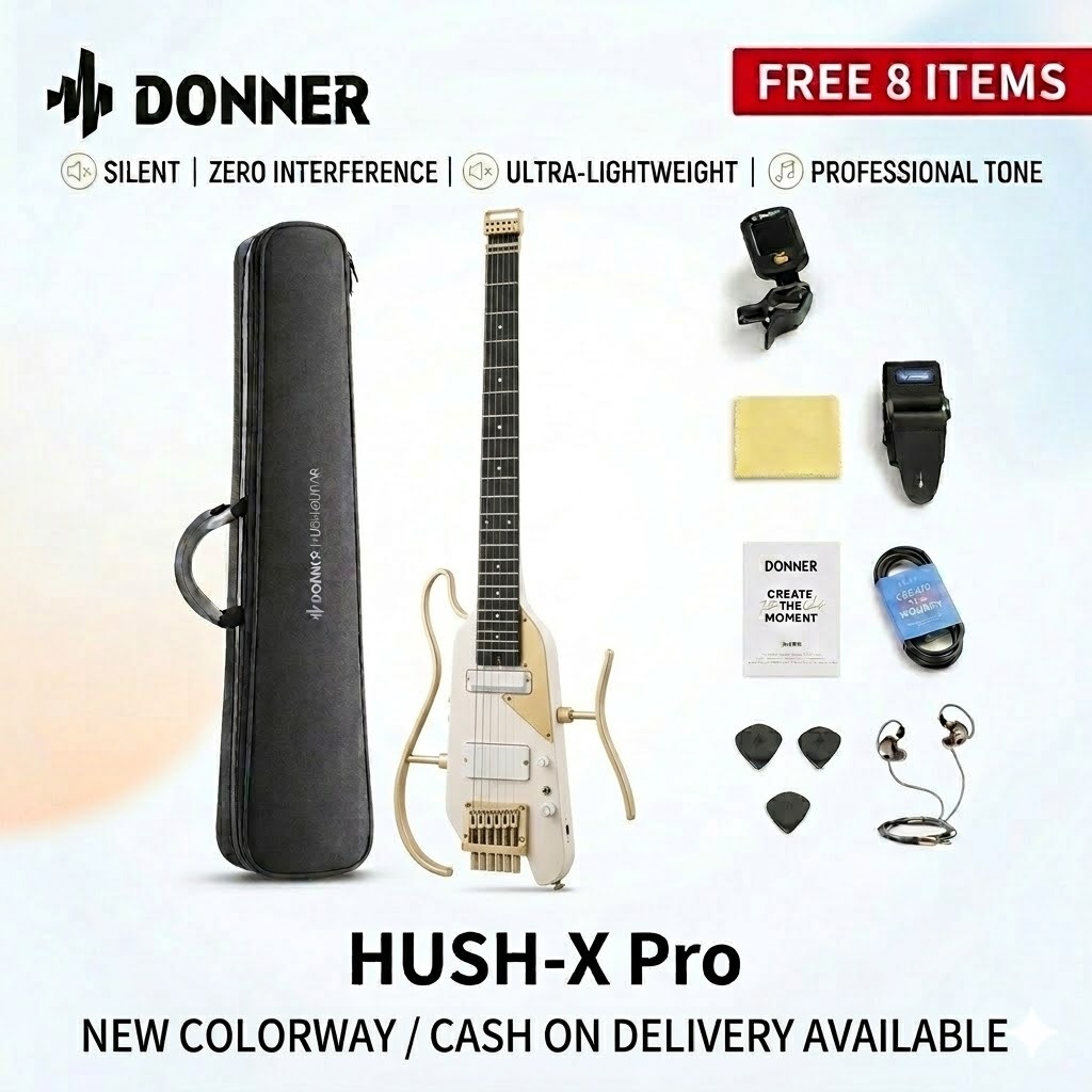 Premium White Gold Donner HUSH-X PRO Silent Electric Guitar Built