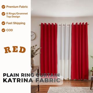 RED Plain Curtain 8-RINGS TOP Design Katrina Fabric 4/5/6/7/8 feet ...