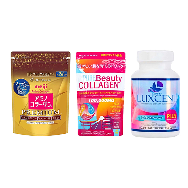 Buy2 Free1】Luxcent Glutathione+Pure Beauty CollagenPowder+Meiji Amino  Collagen Powder Premium Refil