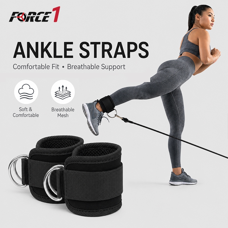 FORCE1 Fitness Ankle Straps Adjustable D-Ring Support Cuffs Gym Leg ...