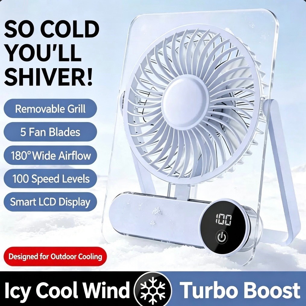 Desktop Fan Portable Mini Folding Fan LED Display 100-Speed Fan Super ...
