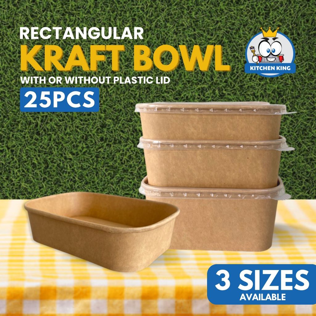 25pcs Rectangular Kraft Bowl With PET Lid or No Lid (500ml, 750ml ...