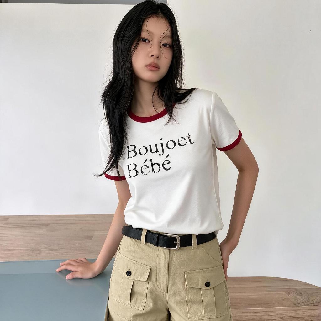 Riya Fashion retro ringer tee contrast trim top stretch cotton letter ...