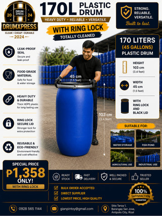 170L Blue Plastic Drum with Lid & Ring Lock | Heavy Duty HDPE Water ...