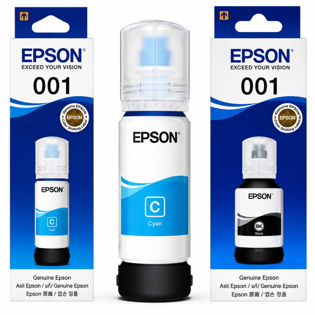 Epson 001 Ink Bottle Set (Black, Cyan, Magenta, Yellow) Genuine for L ...