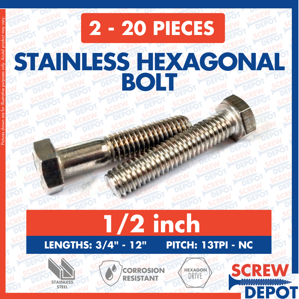 2-20PCS 1/2 inch Stainless Steel Hex Bolt / Screw Depot | Shopee ...