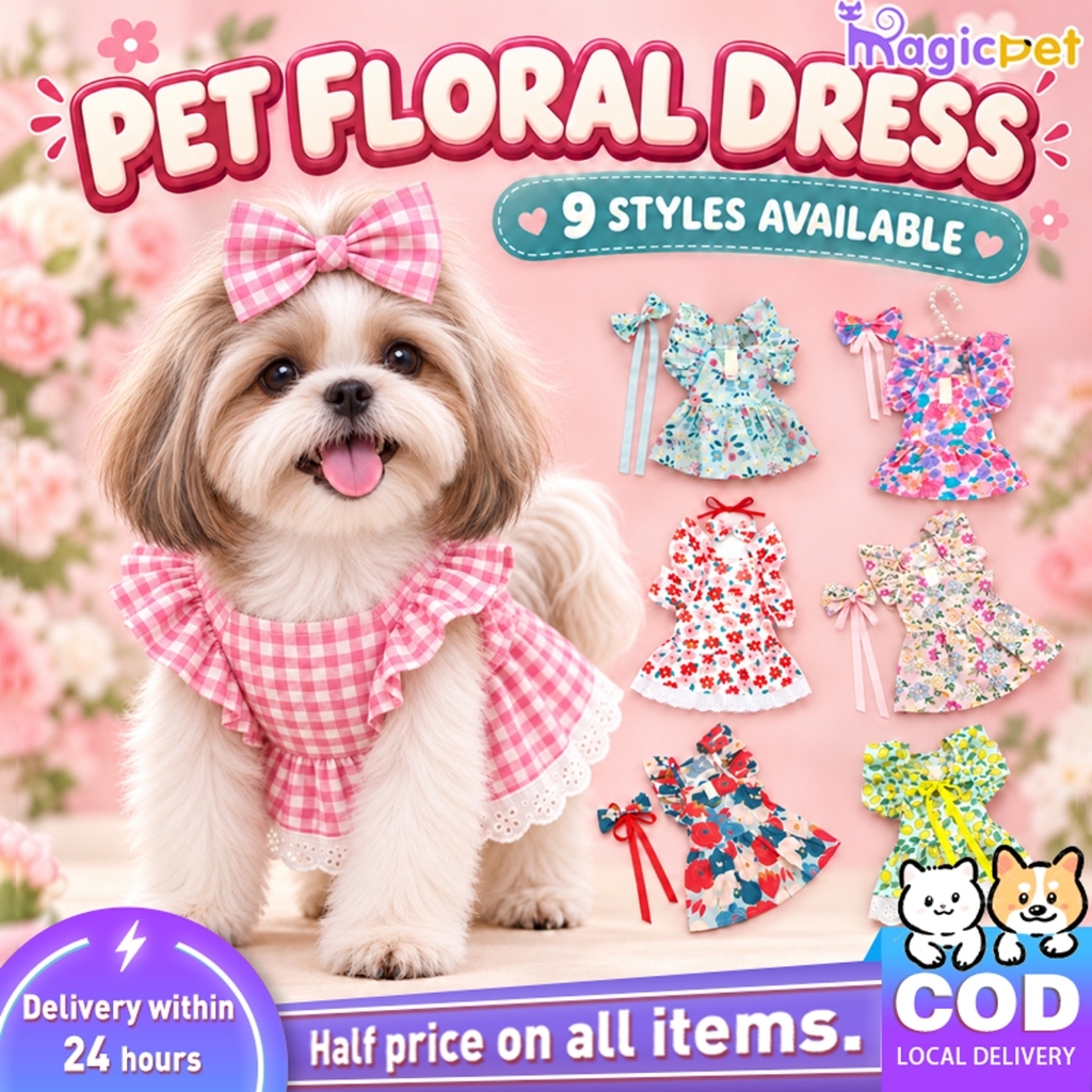 Pet Dress with Bow Tie Floral Pleated Hemming Windproof Vest Puppy ...