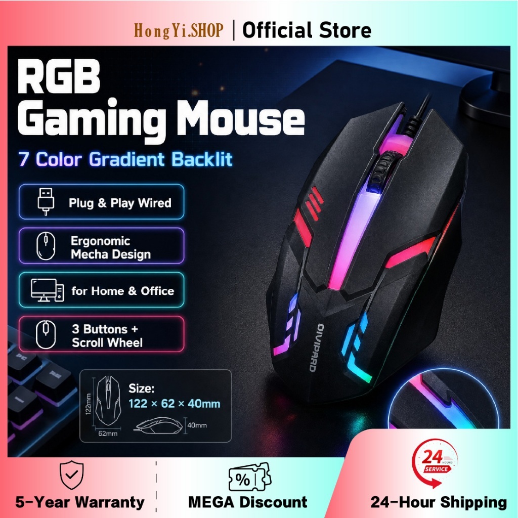 Wired Gaming Mouse RGB LED Backlight USB Wired Optical Mouse Ergonomic ...