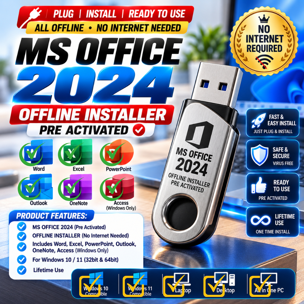 MS Office 2024 Offline Installer 8GB USB Flash Drive for Windows PC ...
