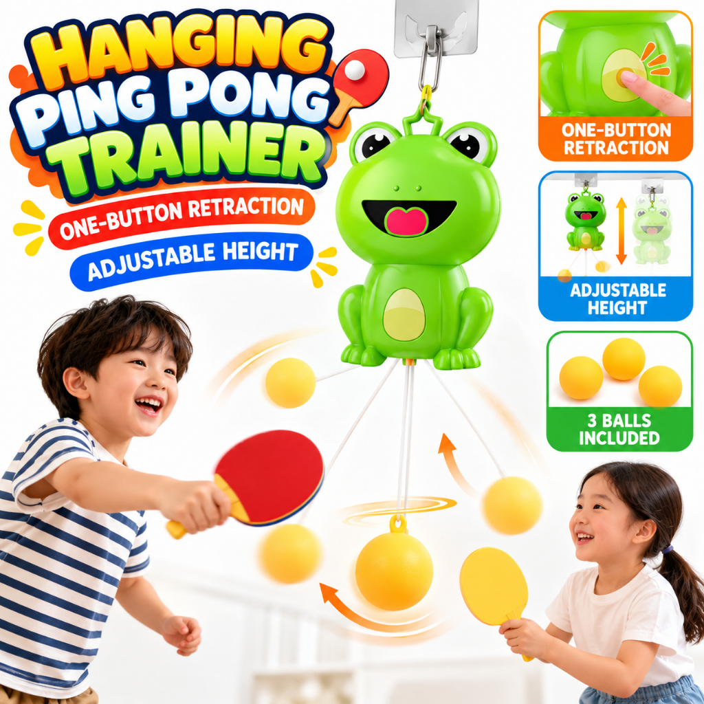 Kids Frog Hanging Ping Pong Trainer Adjustable Height Table Tennis Toy ...