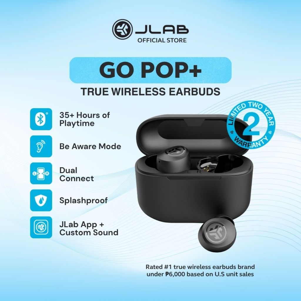 JLab Go Pop+ True Wireless Bluetooth Earbuds & Charging Case - Black ...
