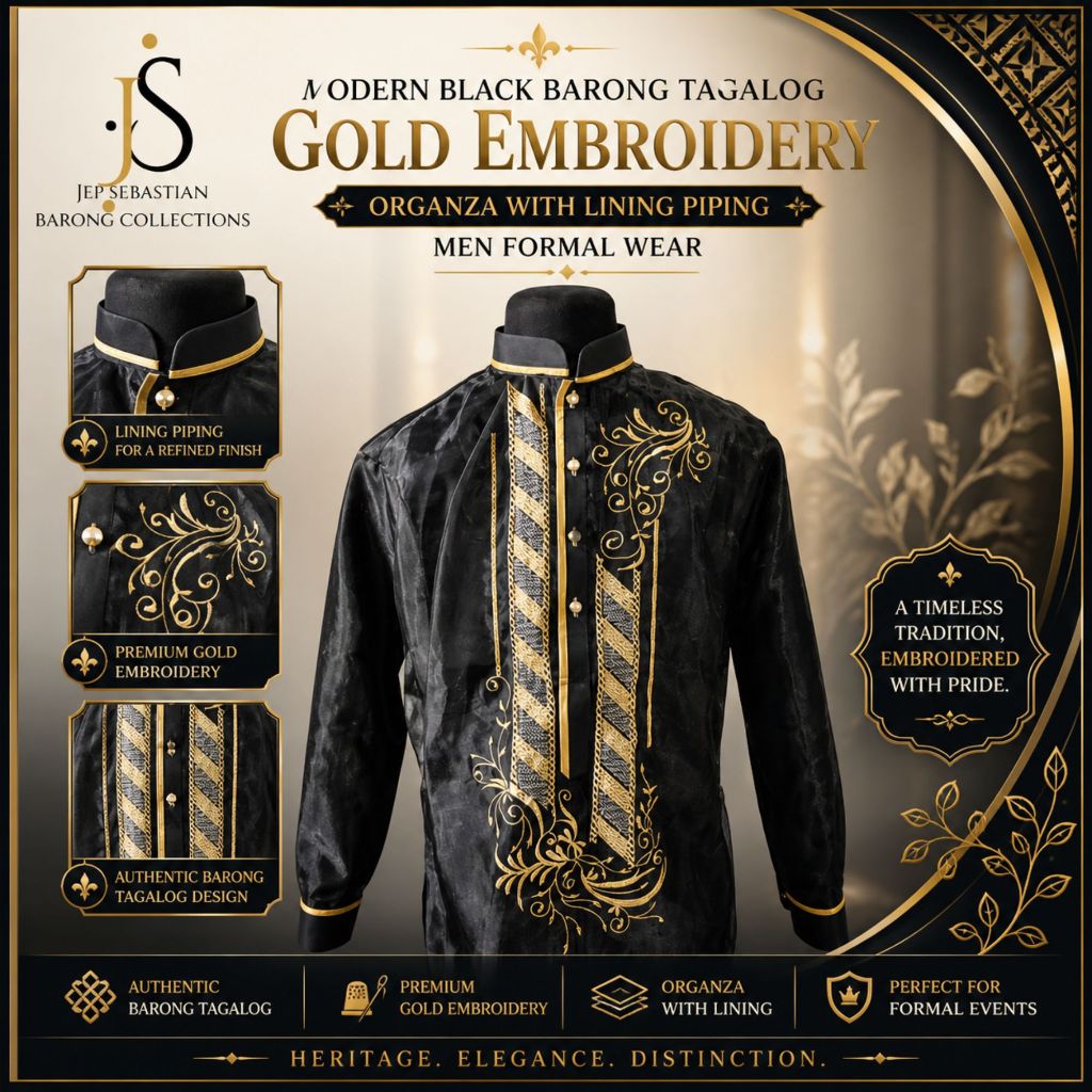Modern Black Barong Tagalog Gold Embroidery Organza With Lining Piping ...