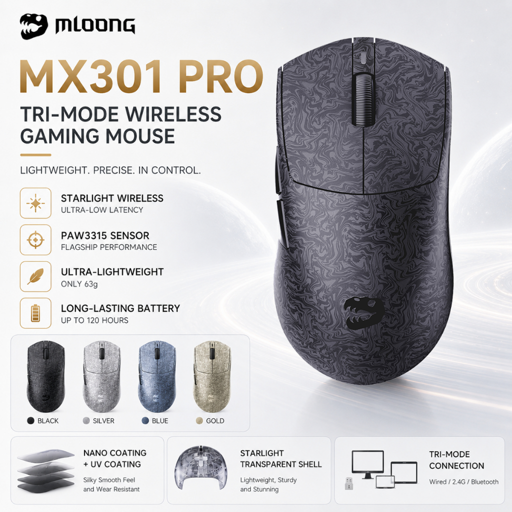 Mloong MX301 Tri-Mode Gaming Mouse, 16K DPI