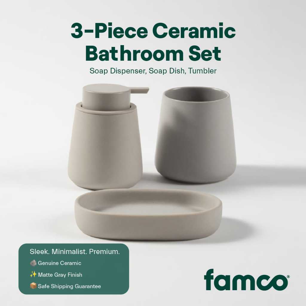 Famco Premium Ceramic Bathroom Set (3 Pcs), Minimalist Matte Gray Soap ...