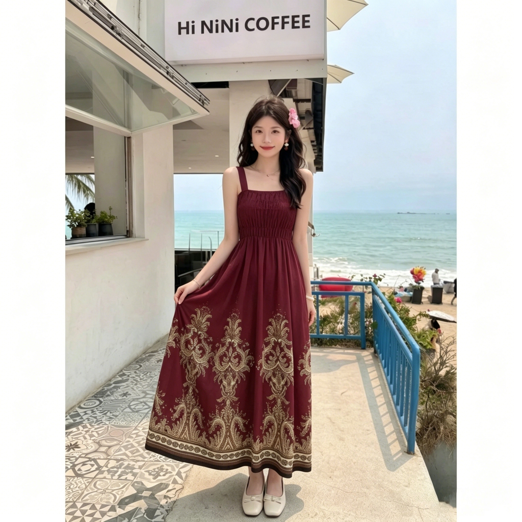 shopee beach dress Maxi Long Beach Dress Women Clothes hawaian Bohemian Casual hawaii  perempuan Summer Plus Size Floral Indian Boho Cotton Silk Cool Vacation  Baju Off